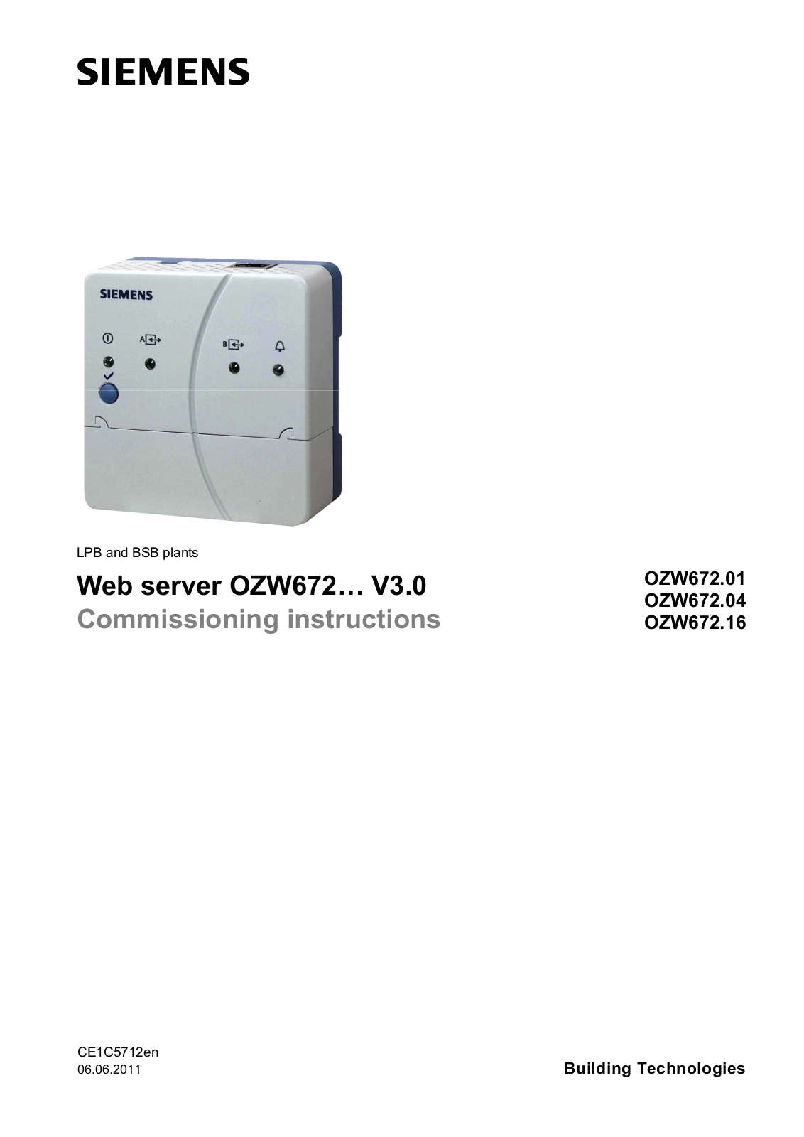 Siemens OZW672 Series, OZW672.01, OZW672.16, OZW672.04 Commissioning Instructions