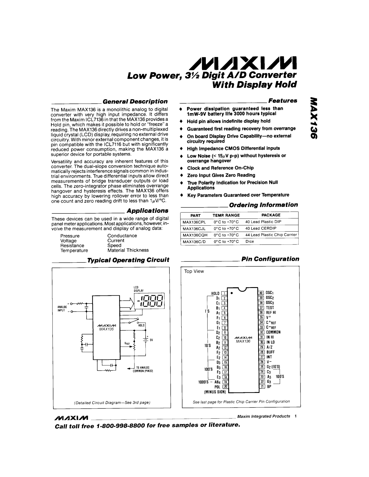 Maxim MAX136CQH, MAX136CPL, MAX136CJL, MAX136C-D Datasheet