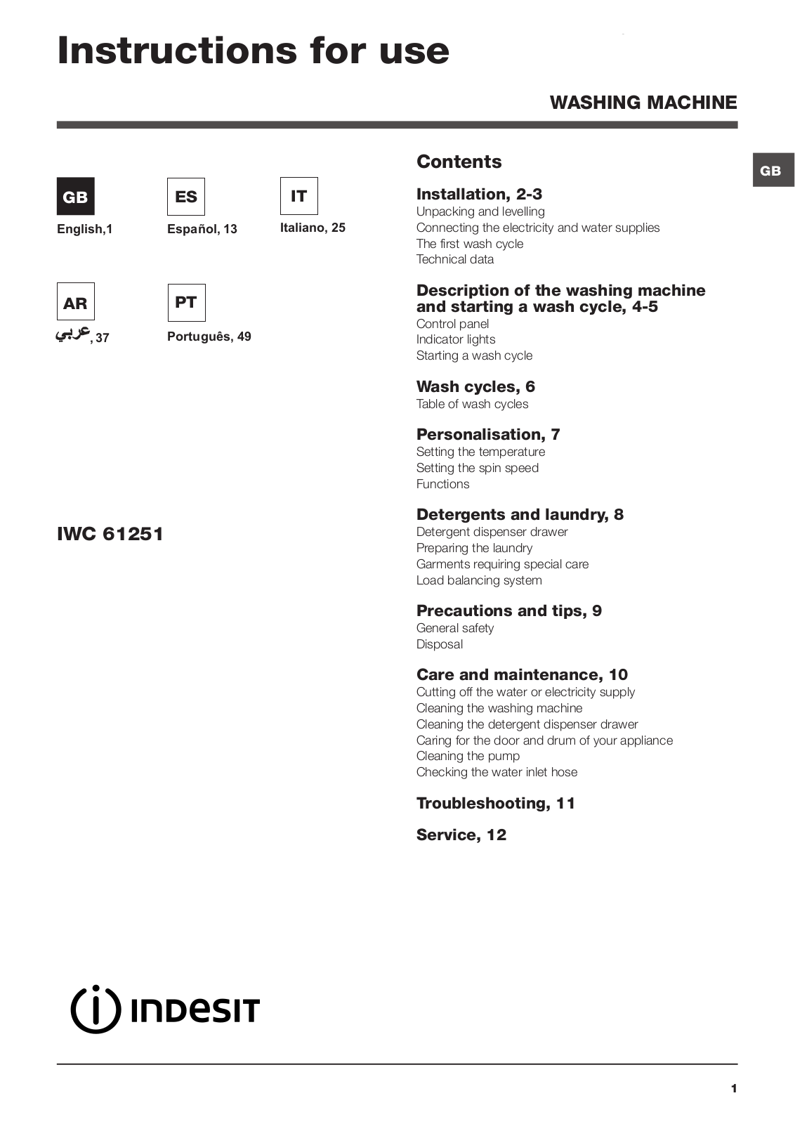 Indesit IWC 61251 User Manual