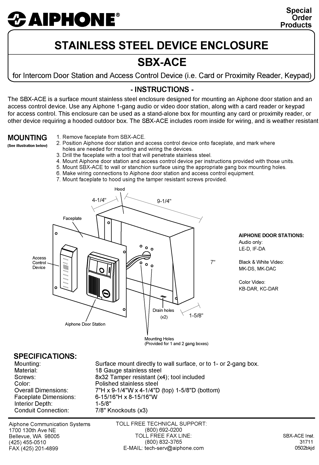 Aiphone SBX-ACE User Manual