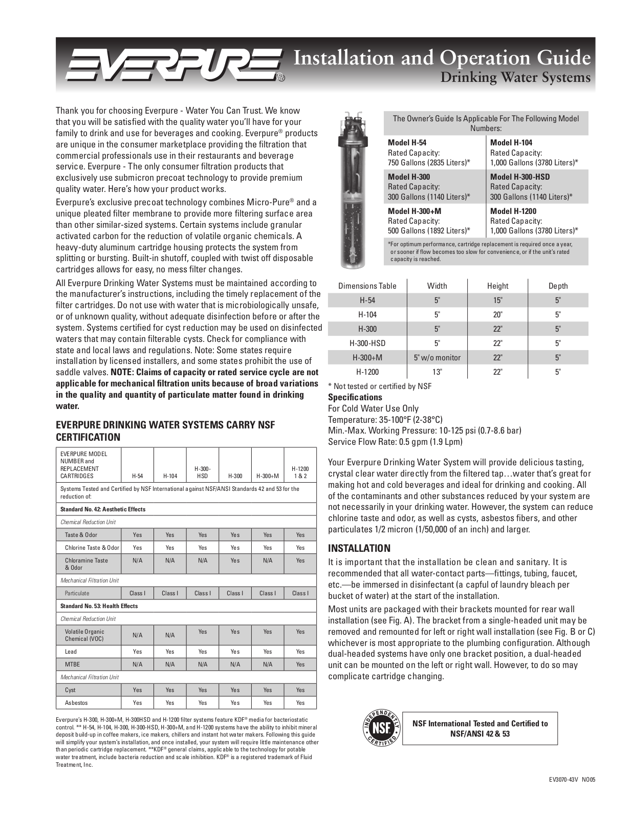 Everpure H-54, H-300, H-104, H-300-HSD, H-300-NXT Installation and Operation Guide