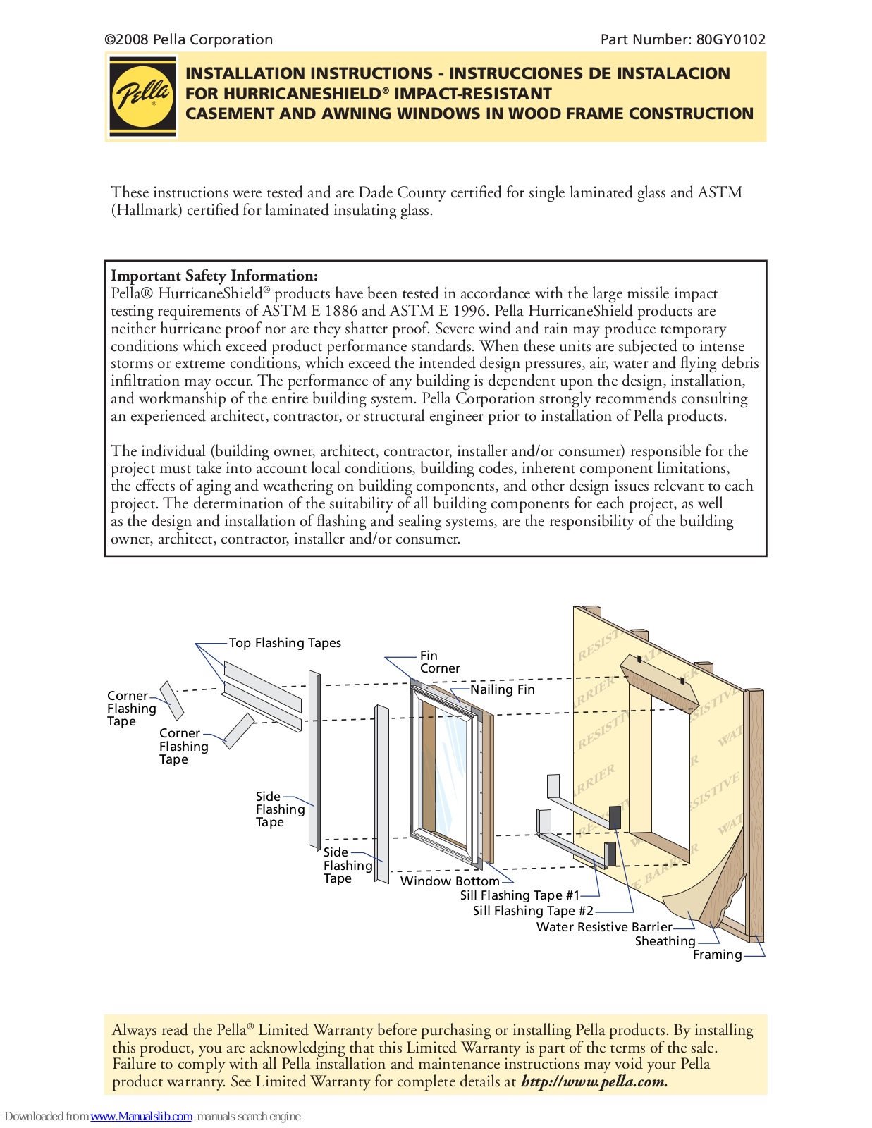 Pella HURRICANESHIELD 80GY0102 Installation Instructions Manual