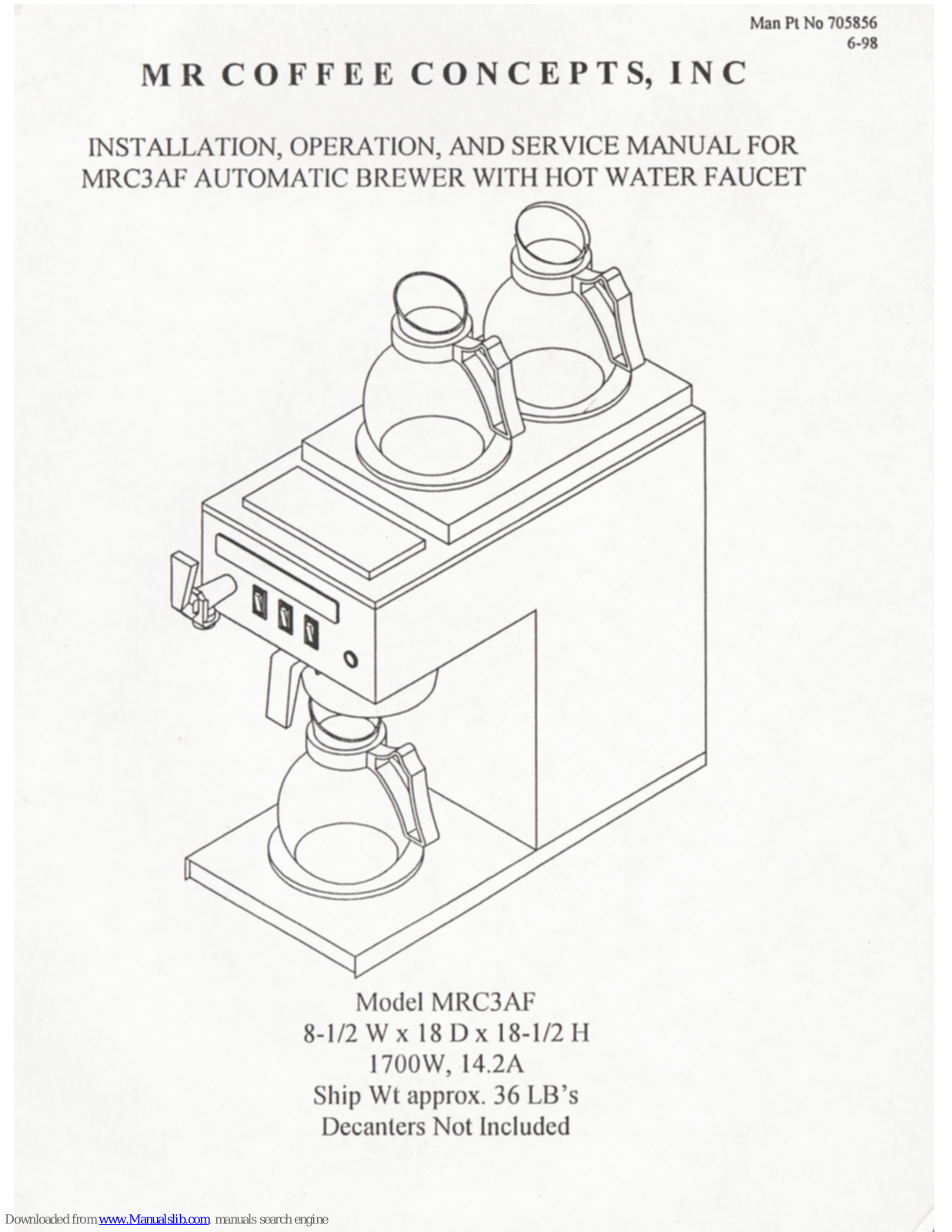 Mr Coffee Concepts MRC3AF Installation, Operation And Service Manual