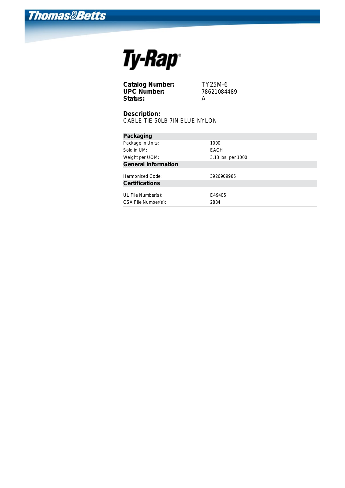 Thomas & Betts TY25M-6 Data Sheet