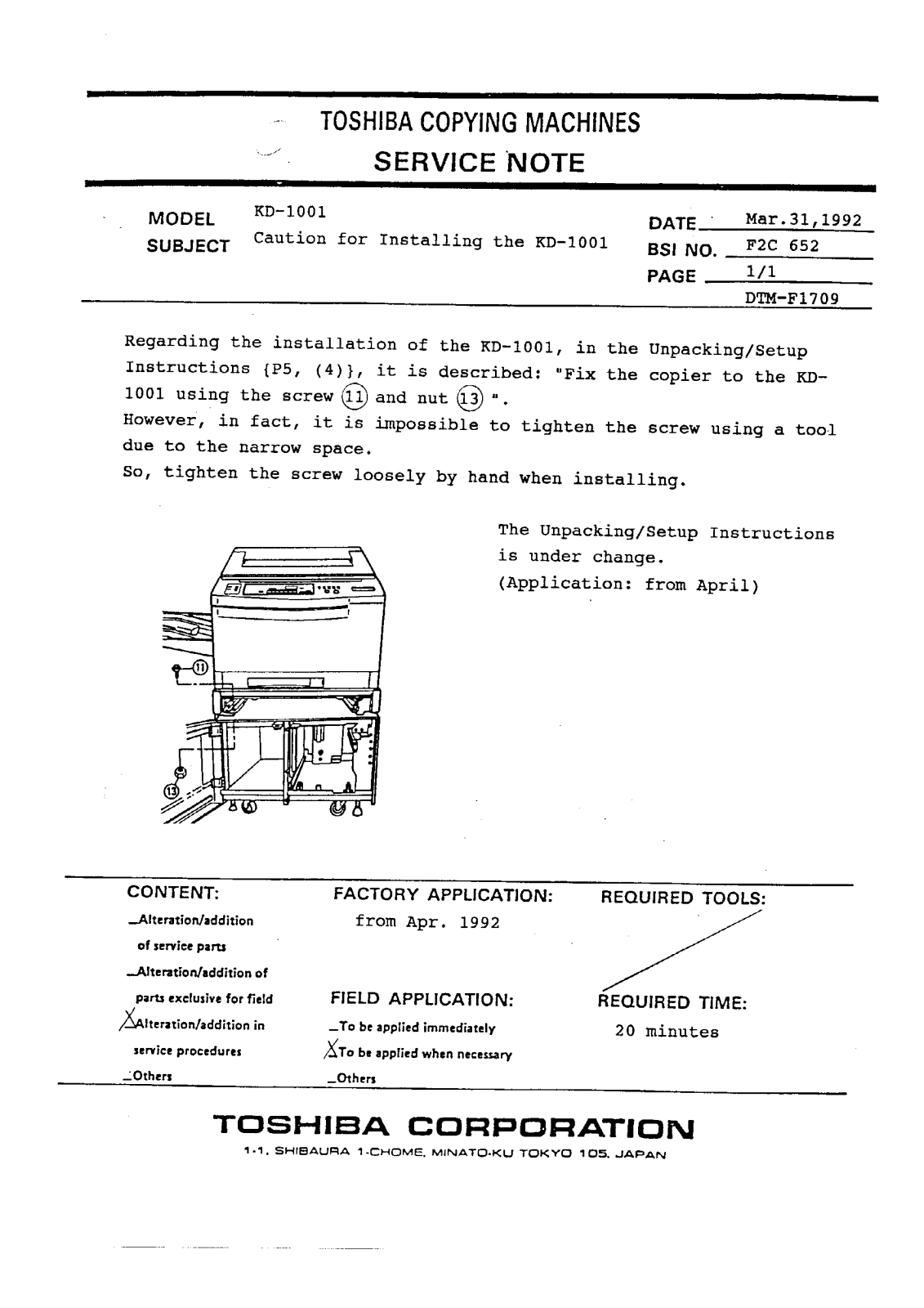 Toshiba f2c652 Service Note