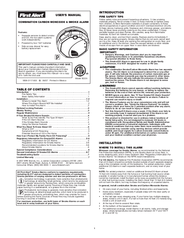 First Alert SCO5 User Manual