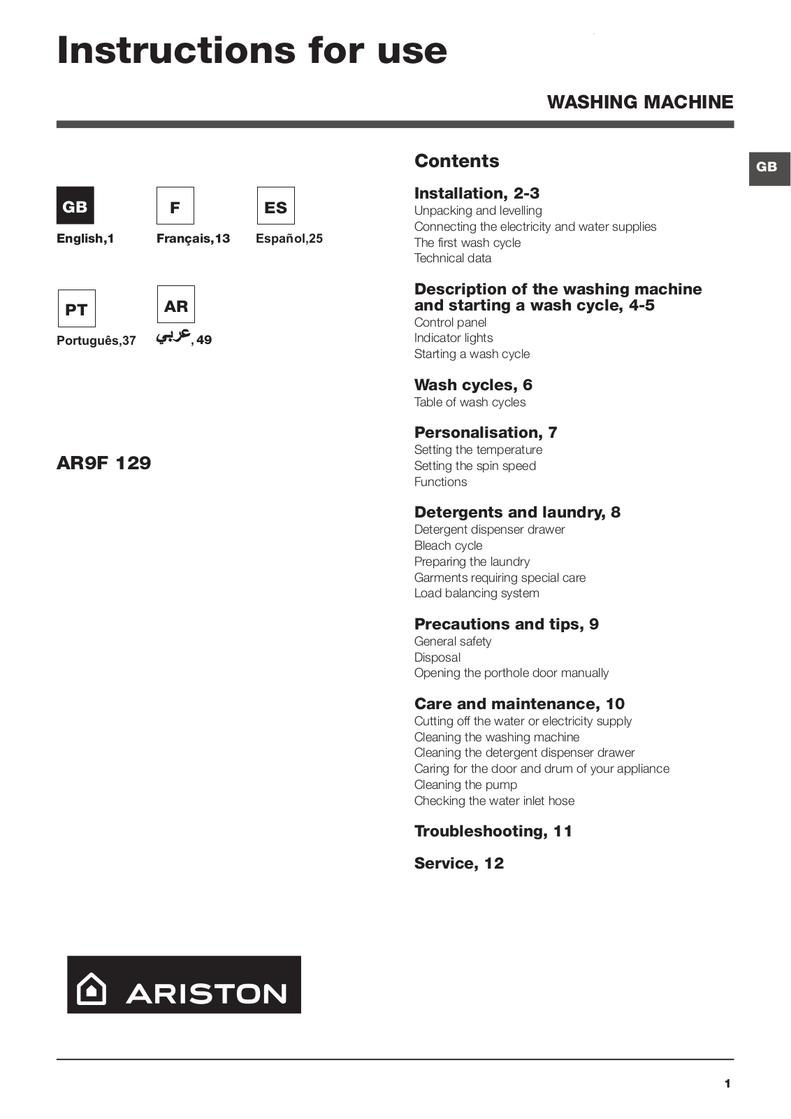 Hotpoint AR9F 129 User Manual