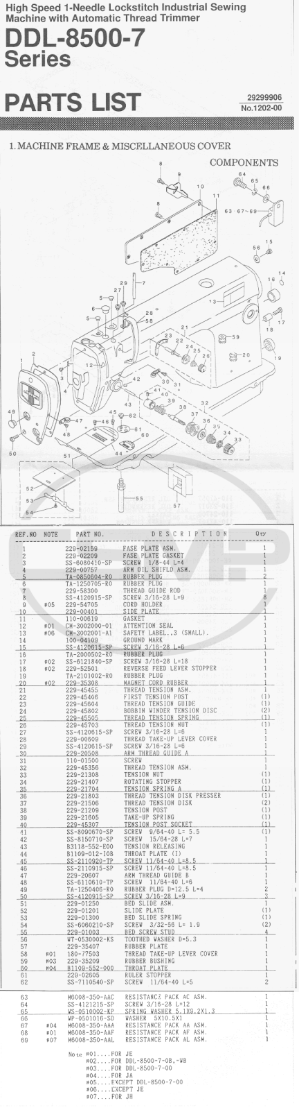 Juki DDL-8500-7-0B, DDL-8500-7-WB, DDL-8500-7-00 Parts Book