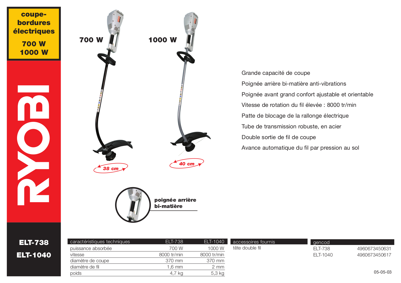 Ryobi ELT-738, ELT-1040 DATASHEET