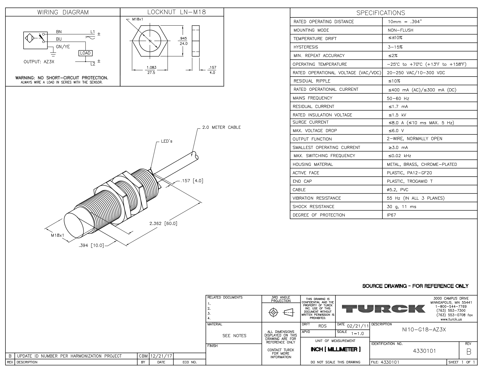 Turck NI10-G18-AZ3X Data Sheet