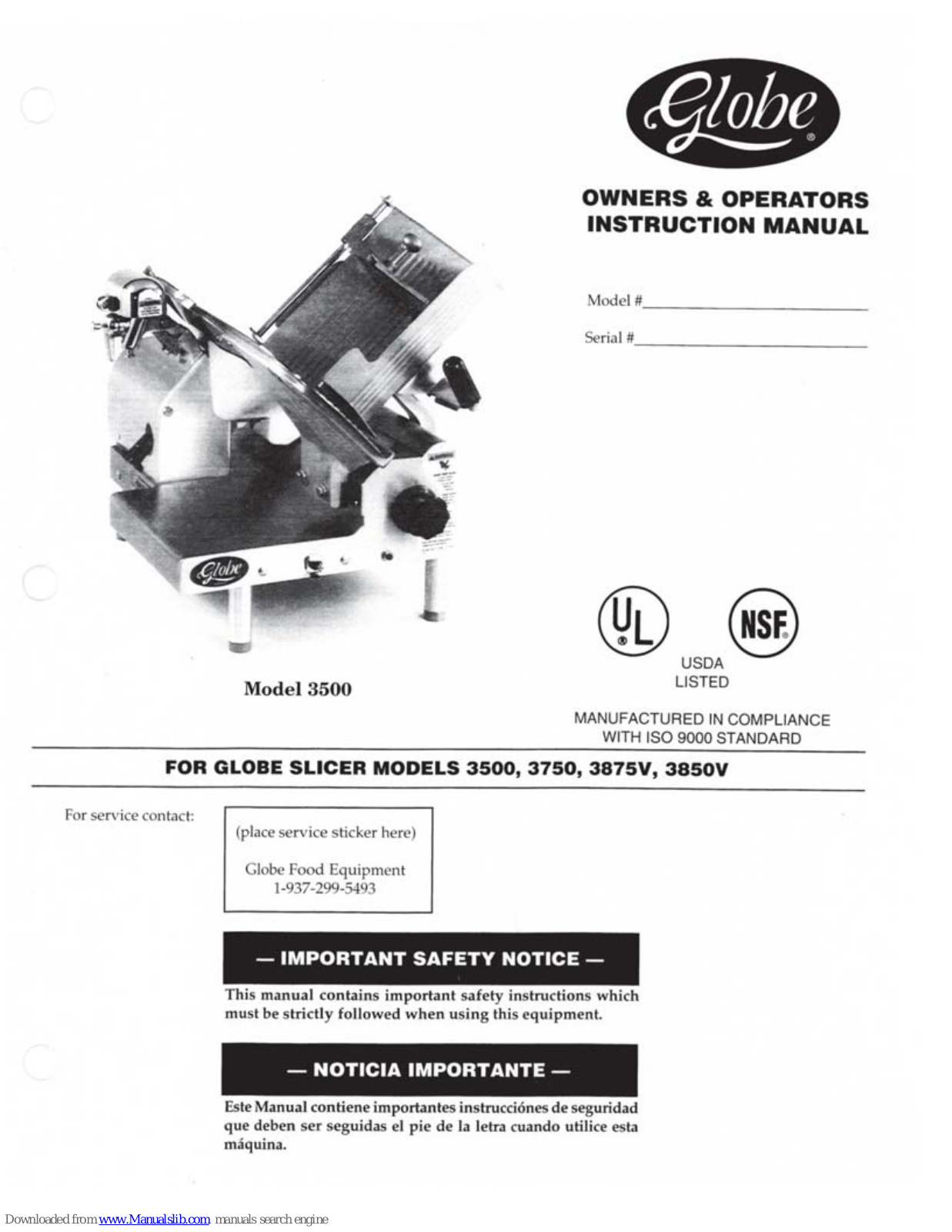 Globe 3500, 3750, 3875V, 3850V Owner & Operator Instruction Manual