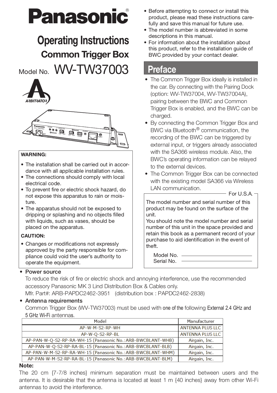 Panasonic 9TAWV-TW37003 User Manual