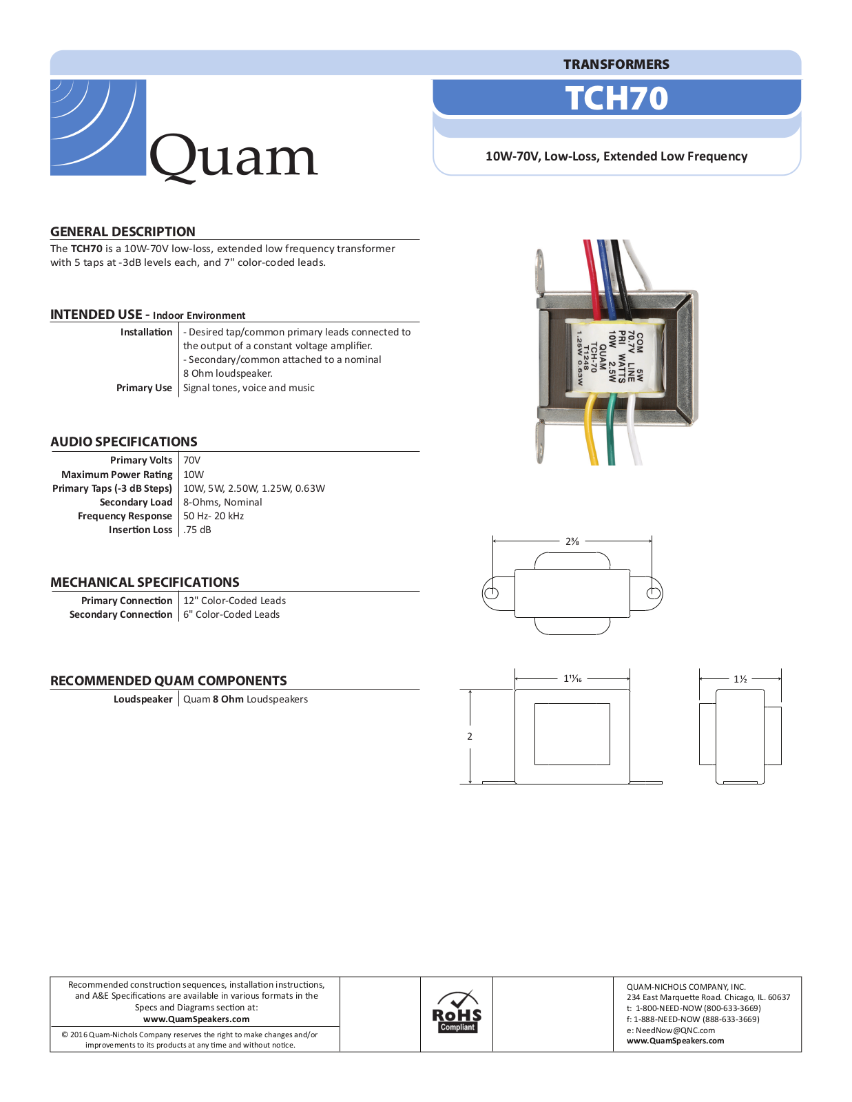 Quam TCH70B Specifications