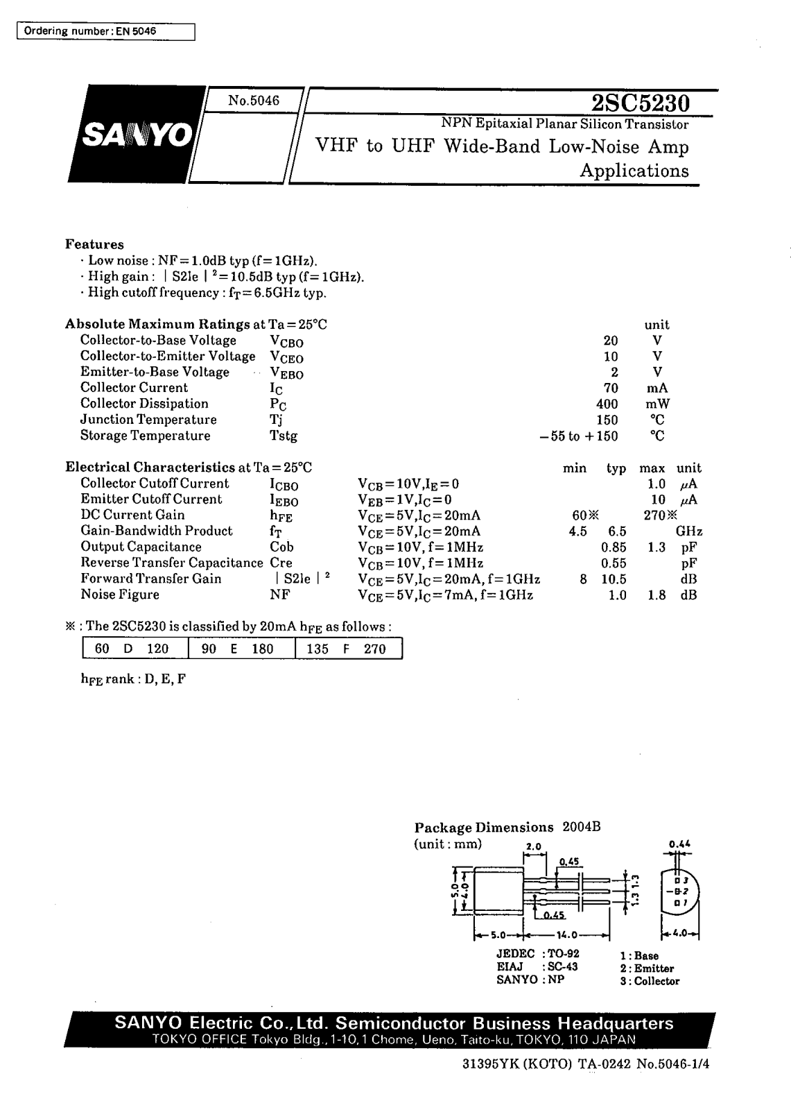 SANYO 2SC5230 Datasheet