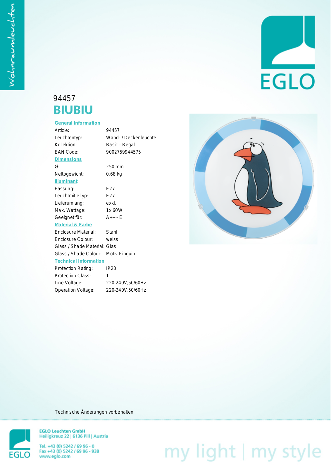 Eglo 94457 Technical data