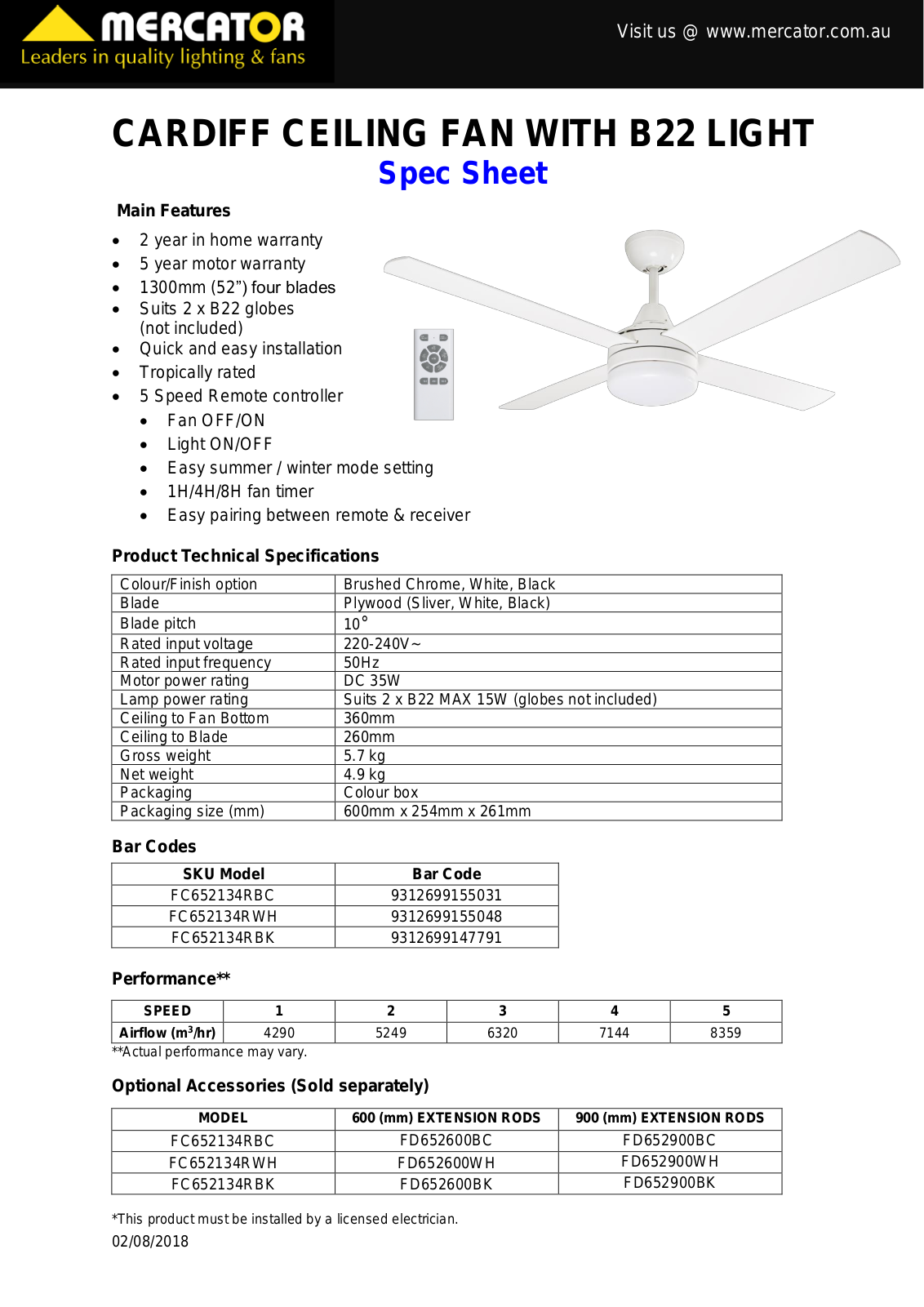 Mercator FC652134RWH, FC652134RBK Specifications Sheet