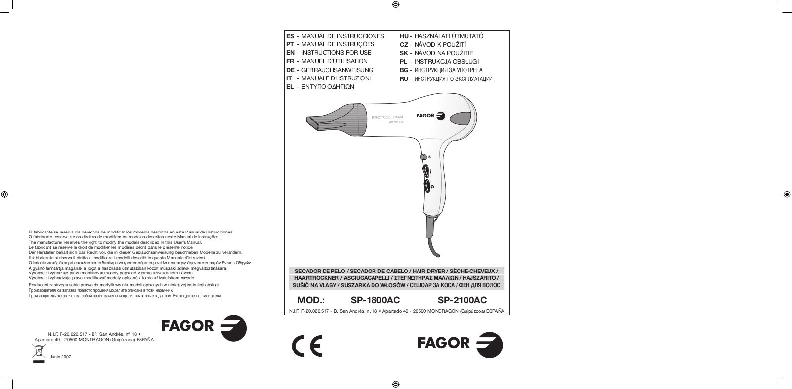 FAGOR SP 2100 AC, SP1800, SP-1800AC User Manual