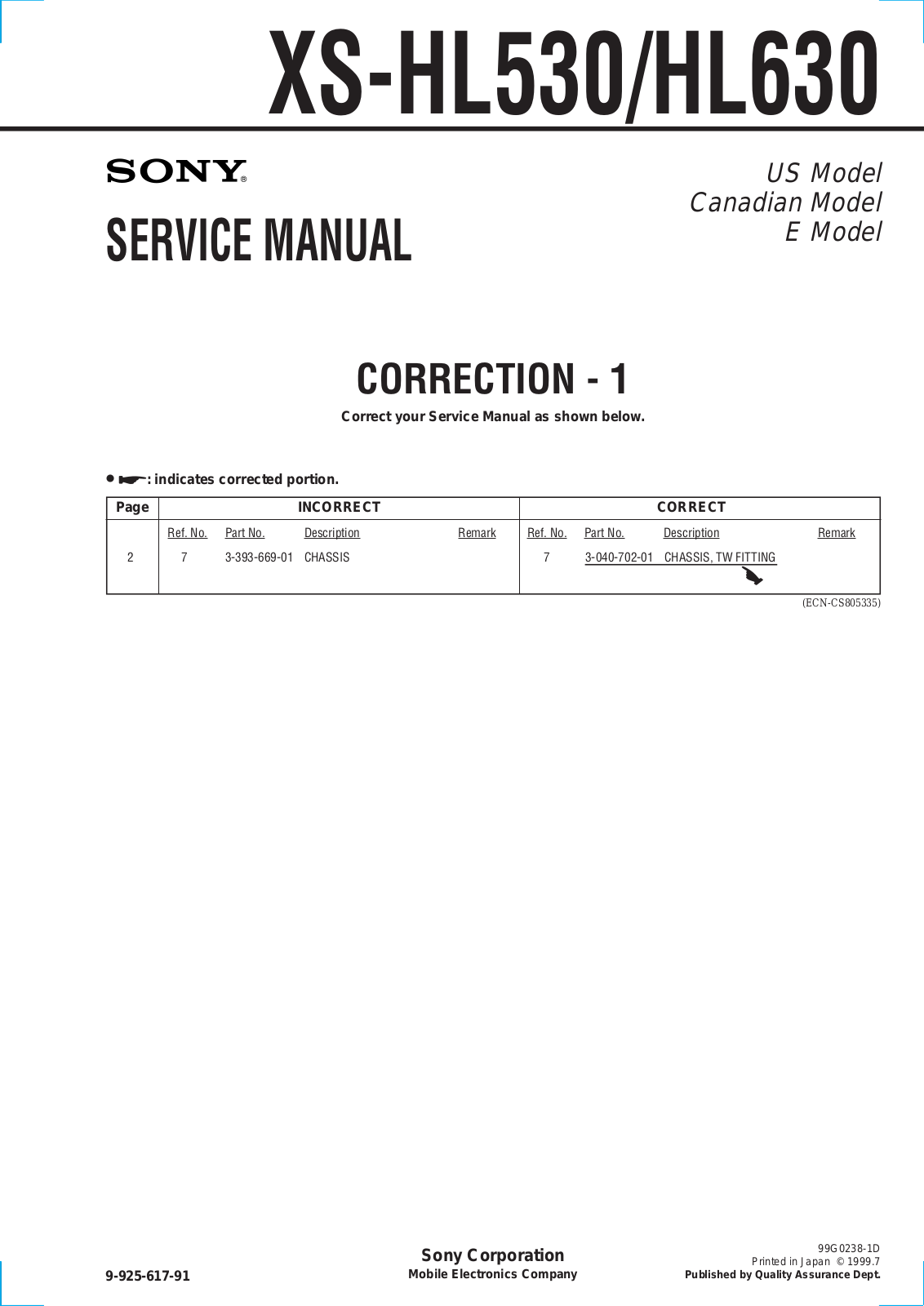 Sony XS-HL530, XS-HL630 Service Manual