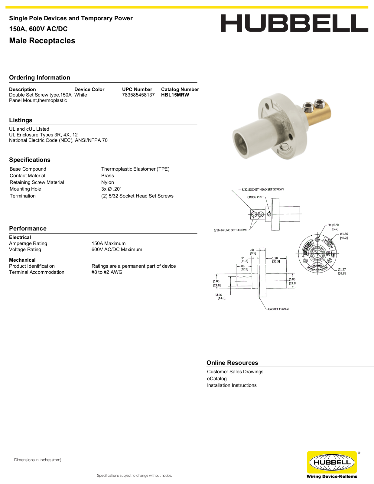 Hubbell HBL15MRW Specifications - ManualMachine.com