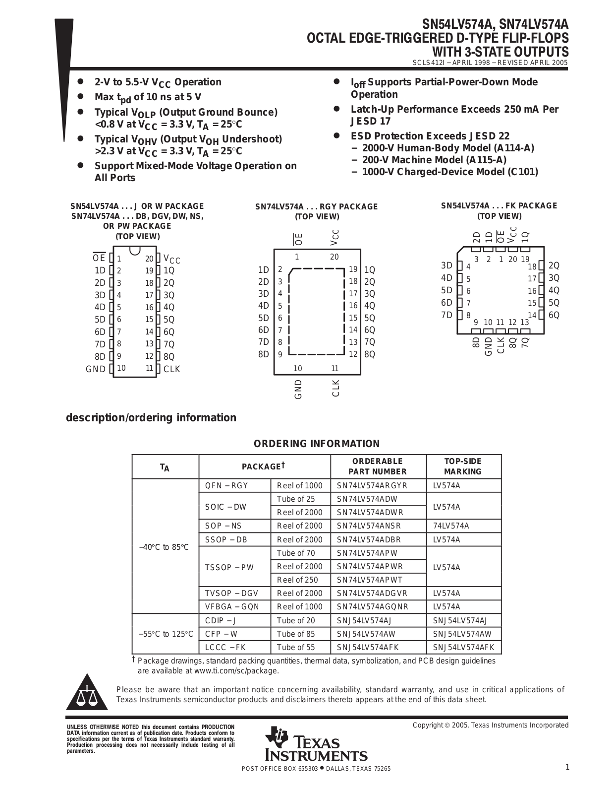 TEXAS INSTRUMENTS SN54LV574A, SN74LV574A Technical data