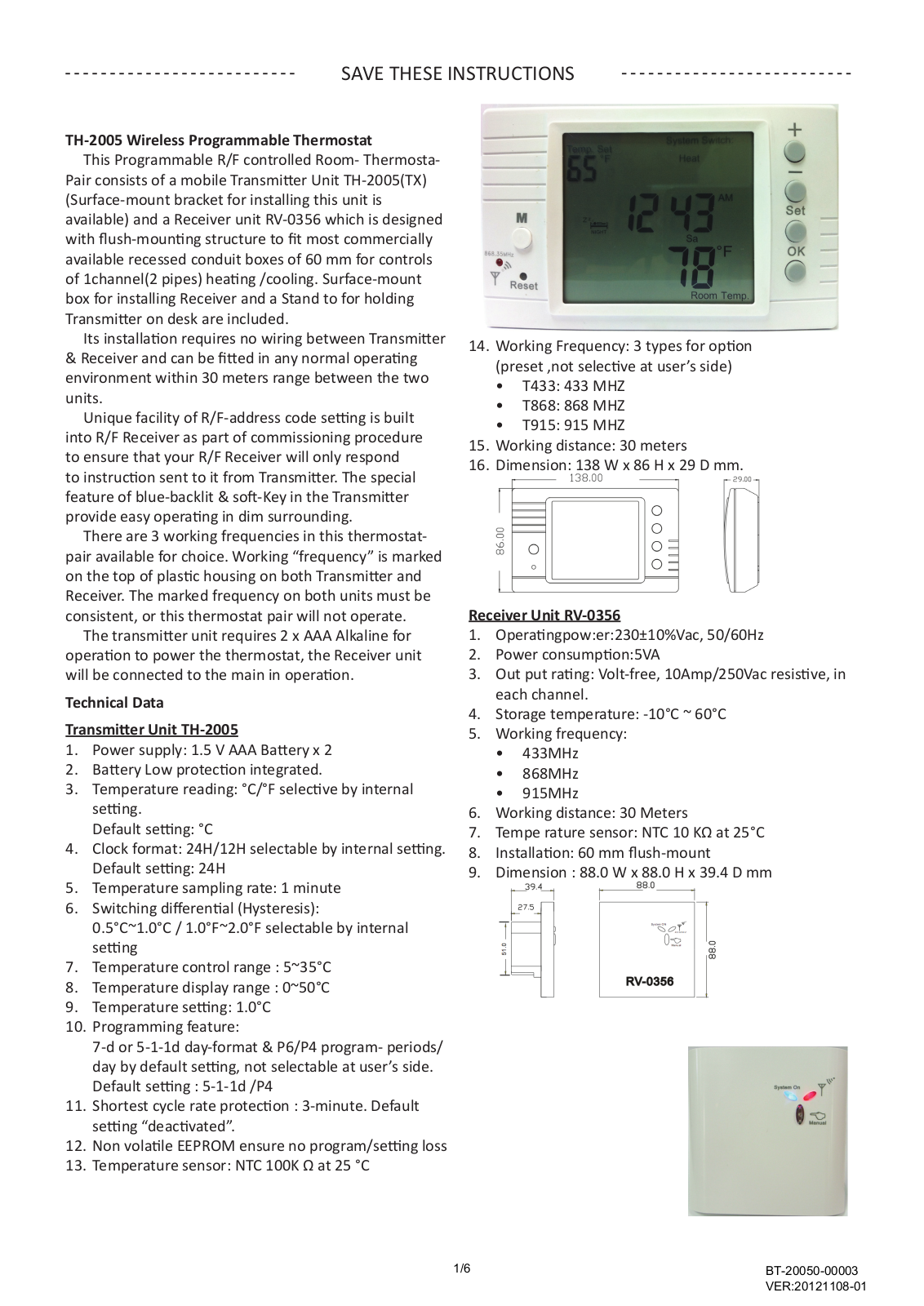 Coronado Controls TH-2005RF, RV-0356, TH-2005TX Instructions Manual