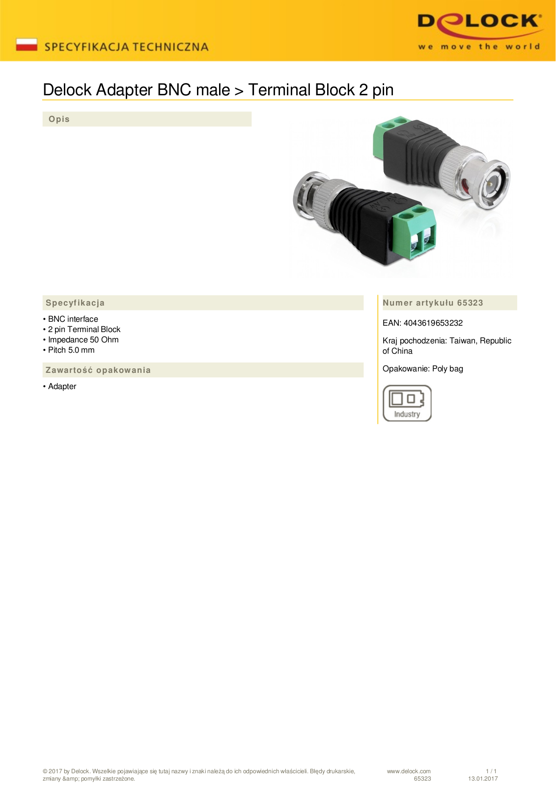 DeLOCK BNC  plug  on 2-Pin-Terminalblock adapter User Manual