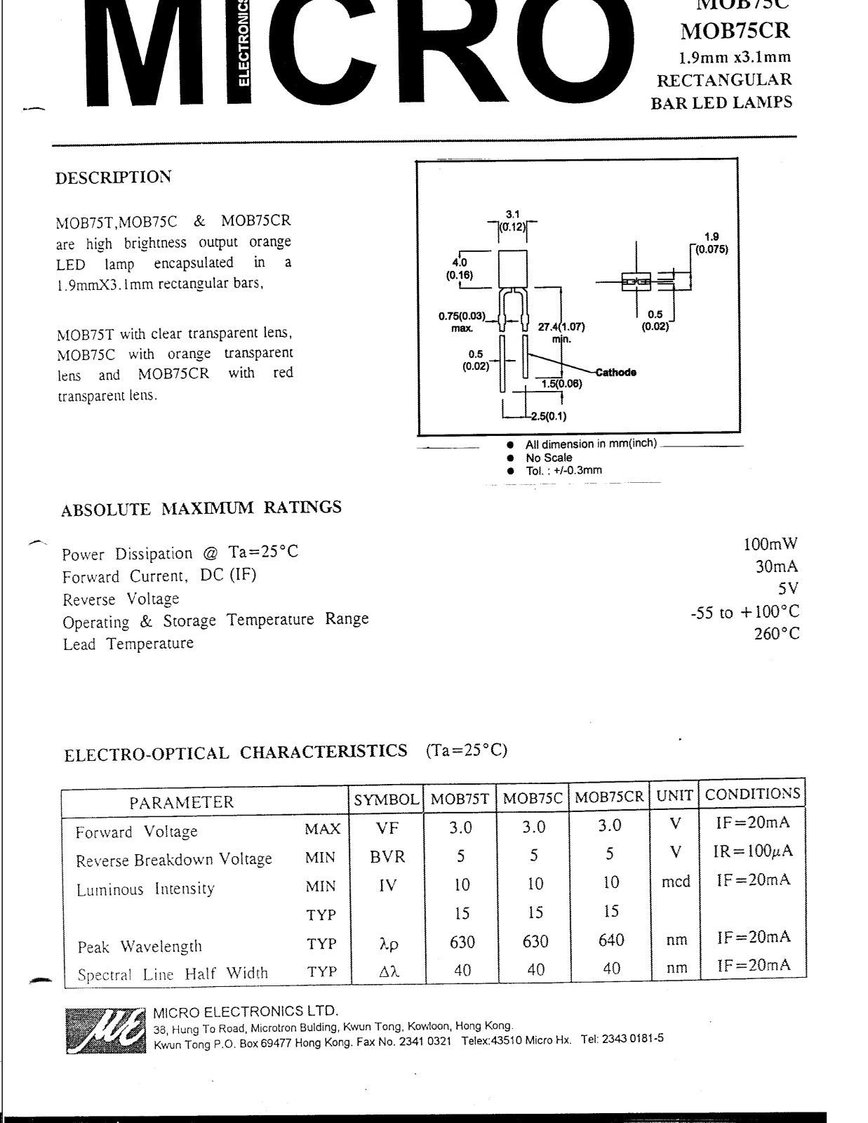 MICRO MOB75CR, MOB75T, MOB75C Datasheet