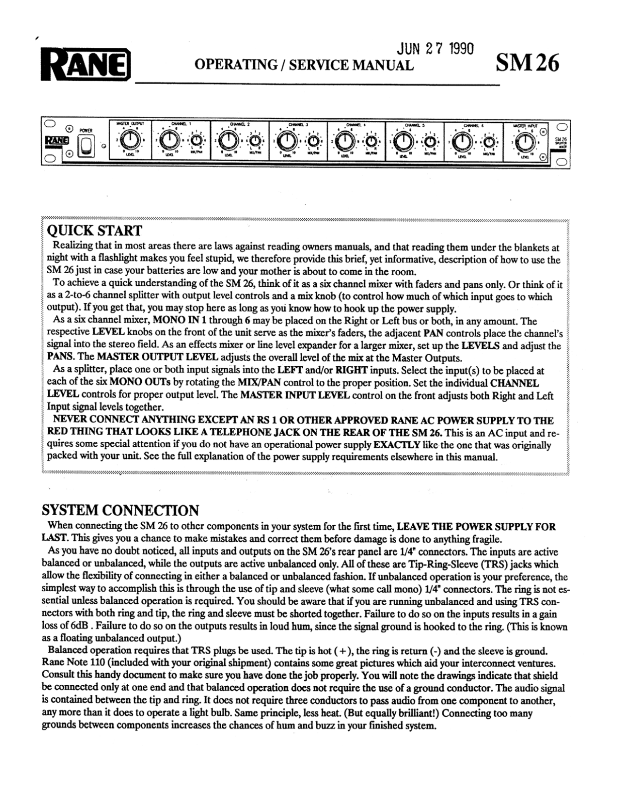 Rane SM 26 User Manual