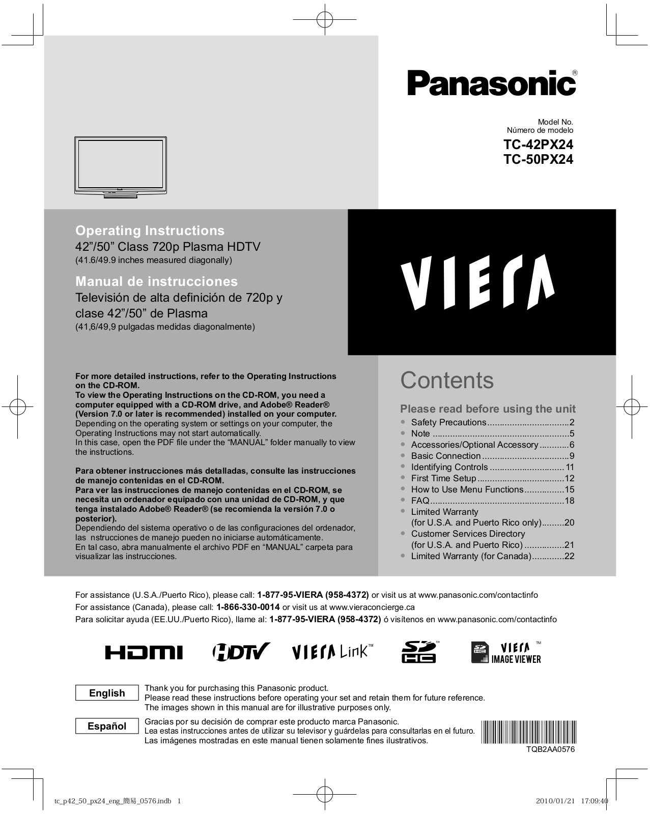 Panasonic TC-42PX24, TC-50PX24 Operating Instruction