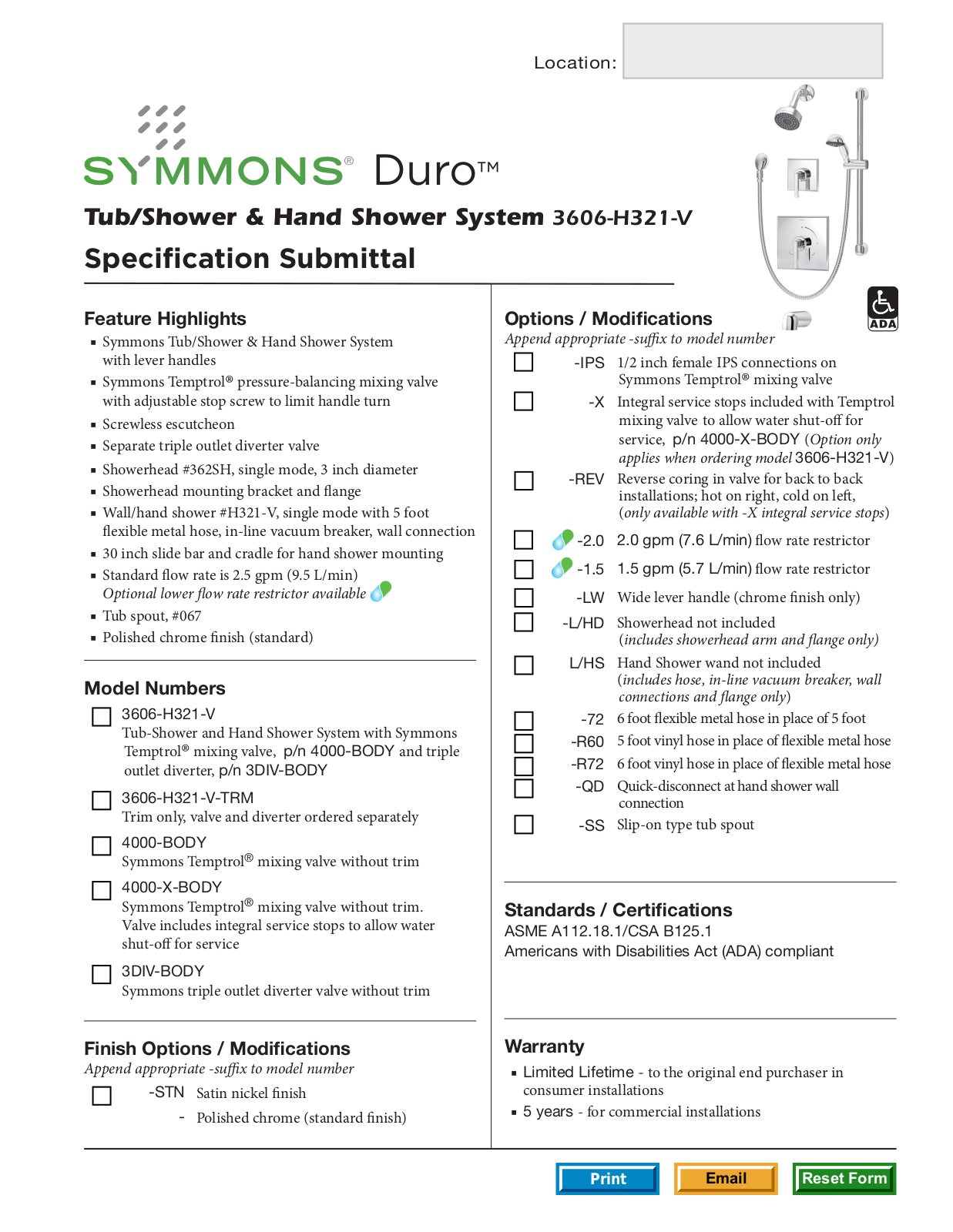 Symmons 3606-H321-V User Manual