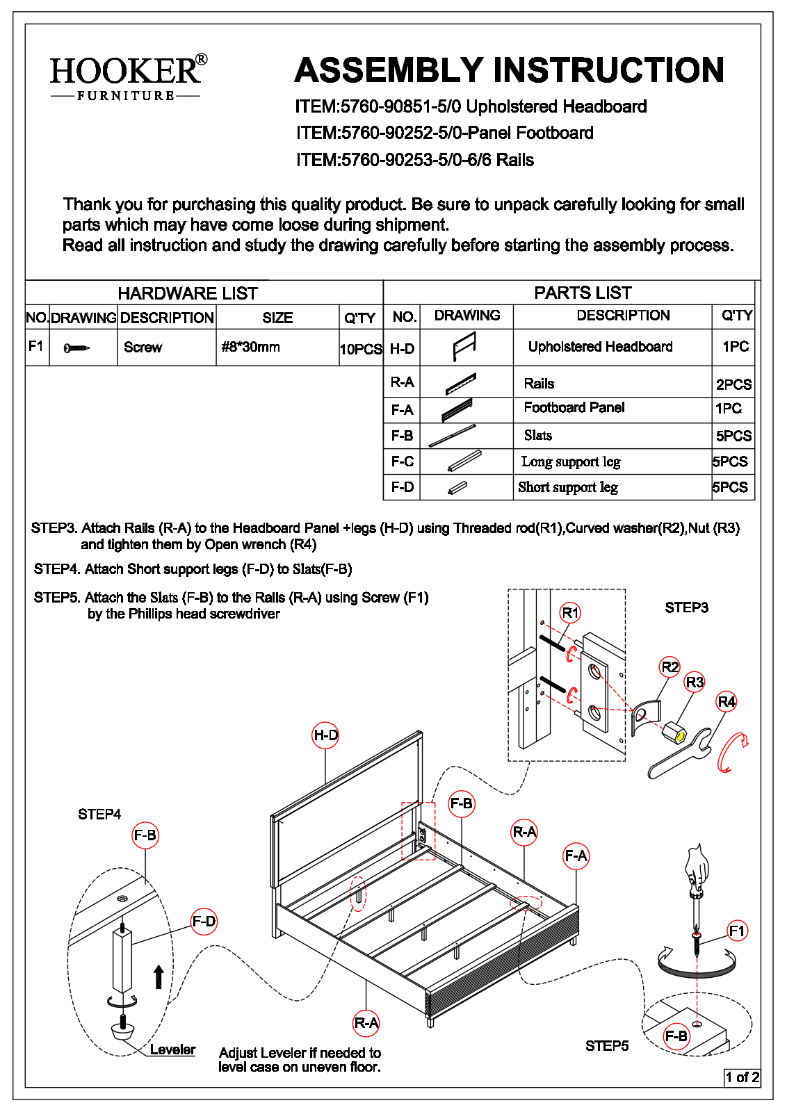 Hooker Furniture 57609025080, 57609026680, 57609085080 Assembly Guide