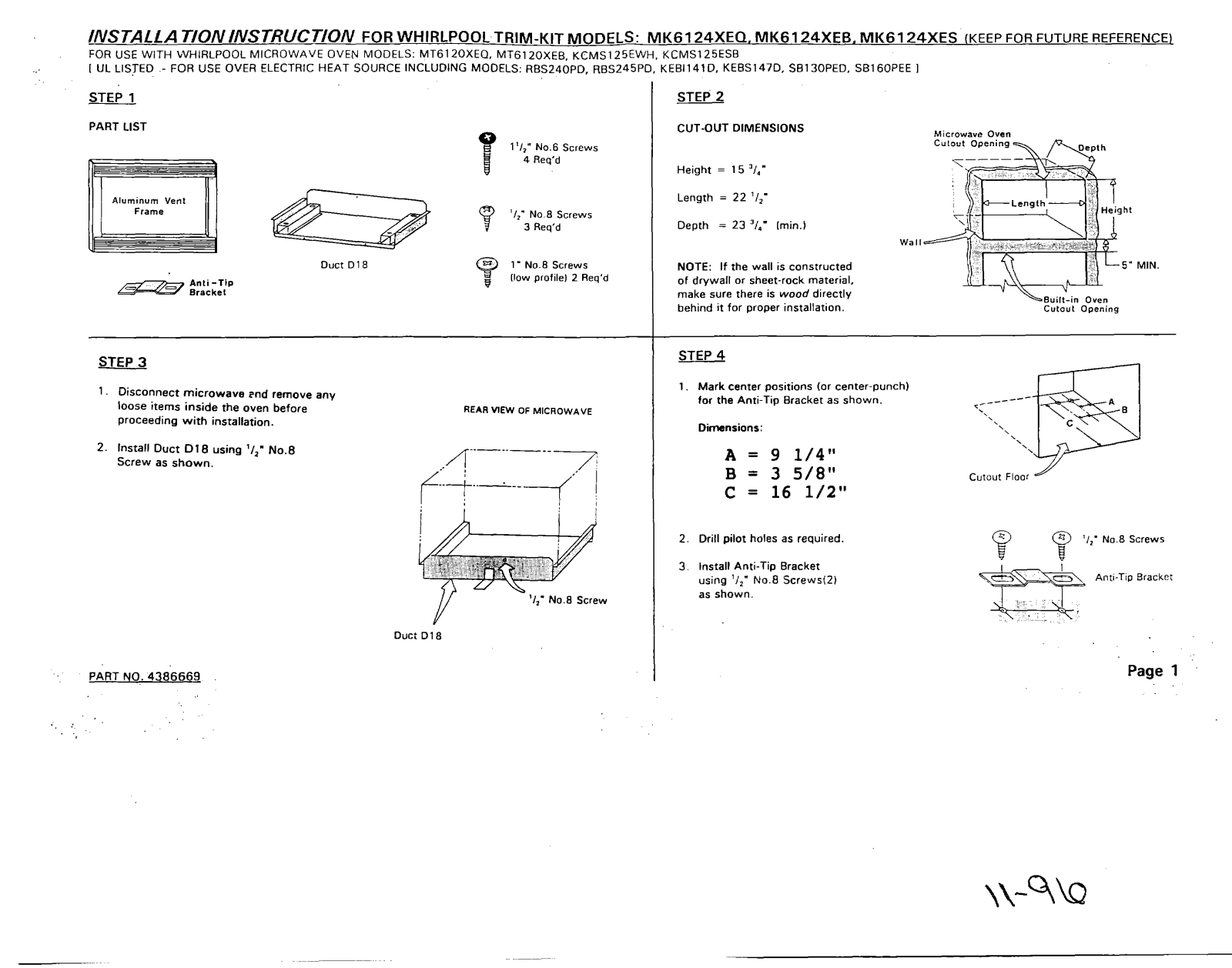 Whirlpool MK 6124 XEQ, MK 6124 XEB, MK 6124 XES Installation Instructions