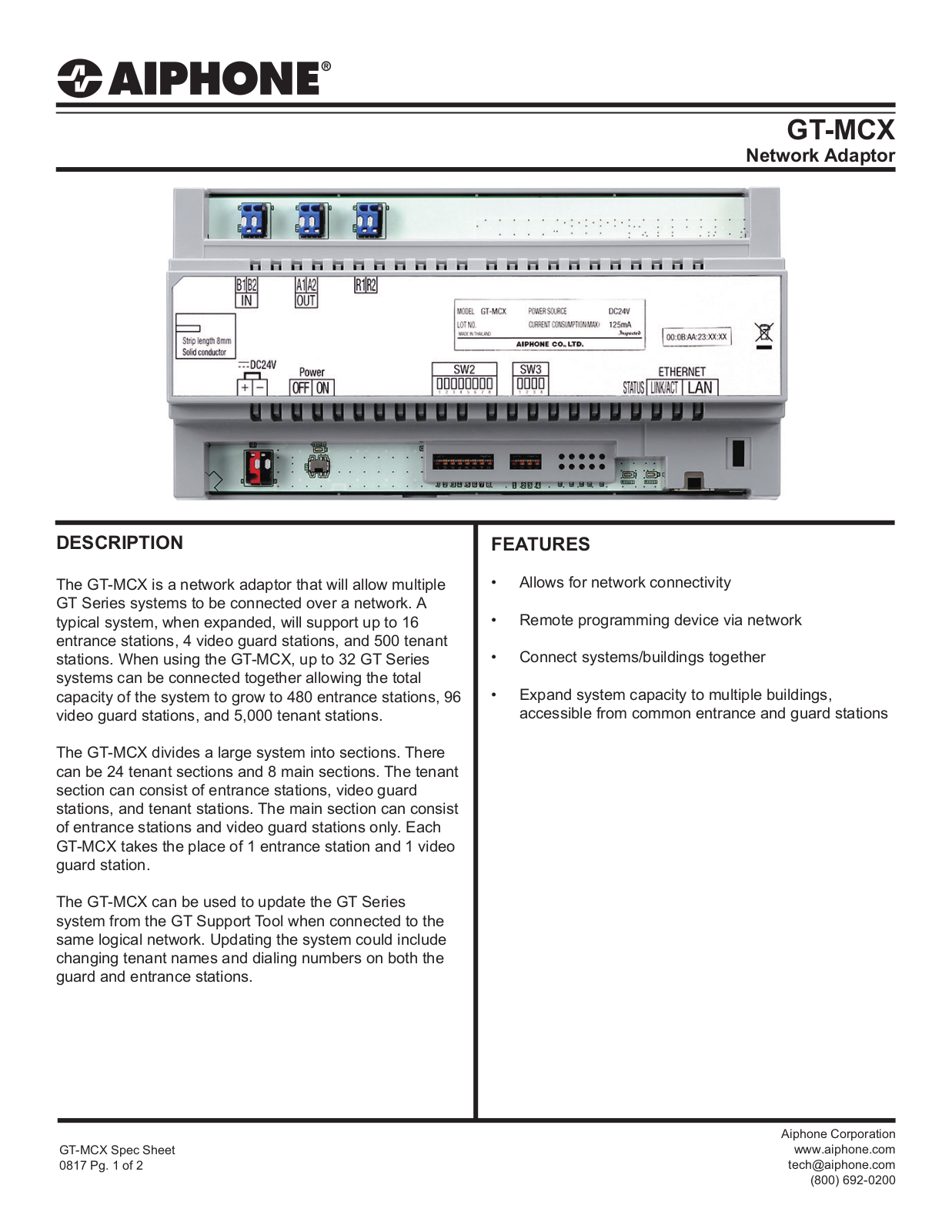 Aiphone GT-MCX Specsheet