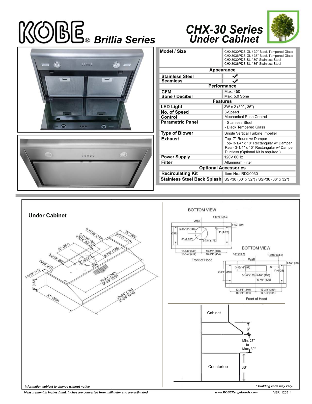 Kobe CHX3036PDSGL, CHX3030PDSSL, CHX3036PDSSL Specifications