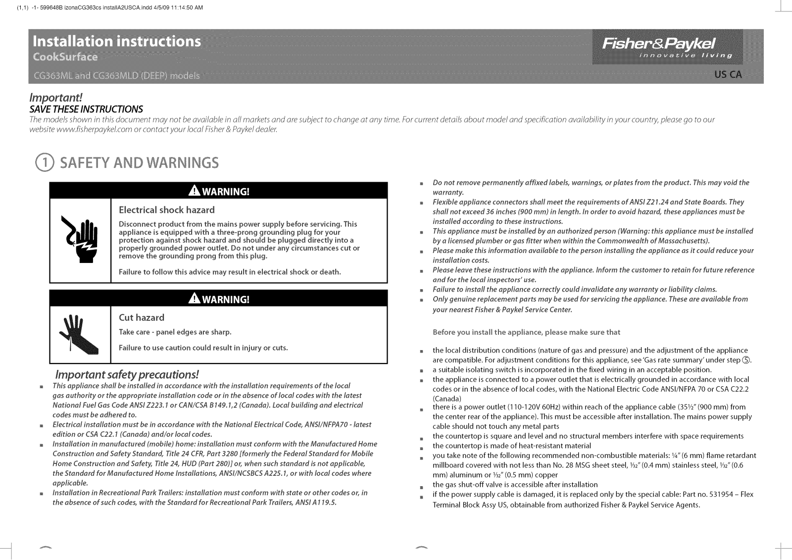 Fisher & Paykel CG363MLDNGB1-88544A, CG363MLNGB1-88543A Installation Guide