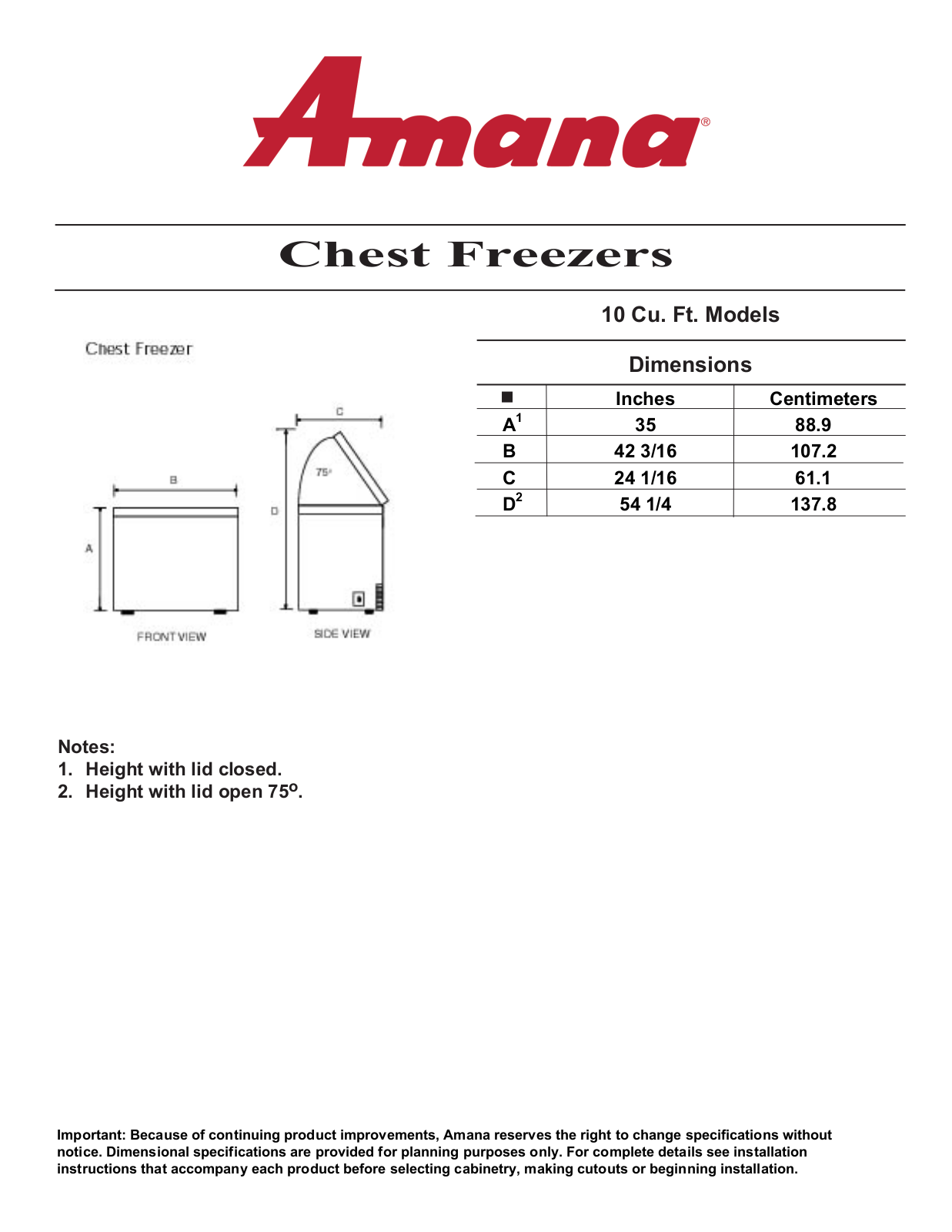 Amana AFC1005BW Dimension Guide