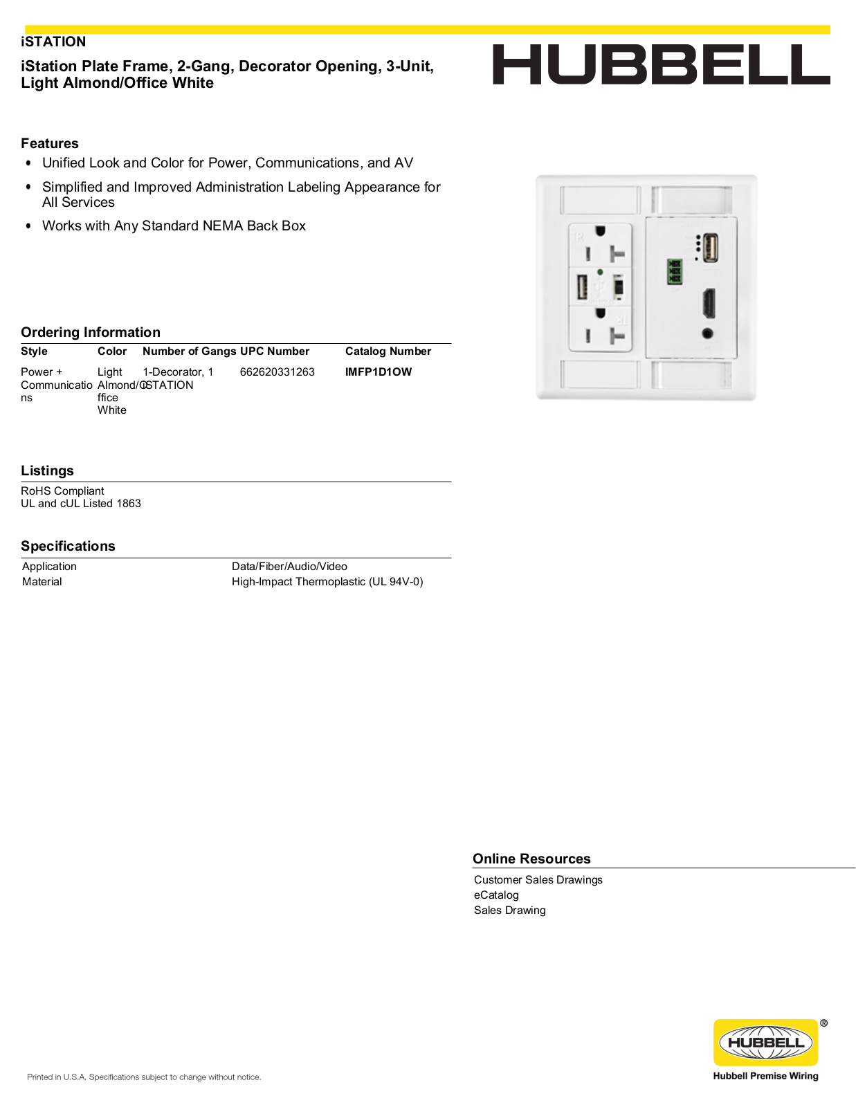 Hubbell IMFP1D1OW Specifications