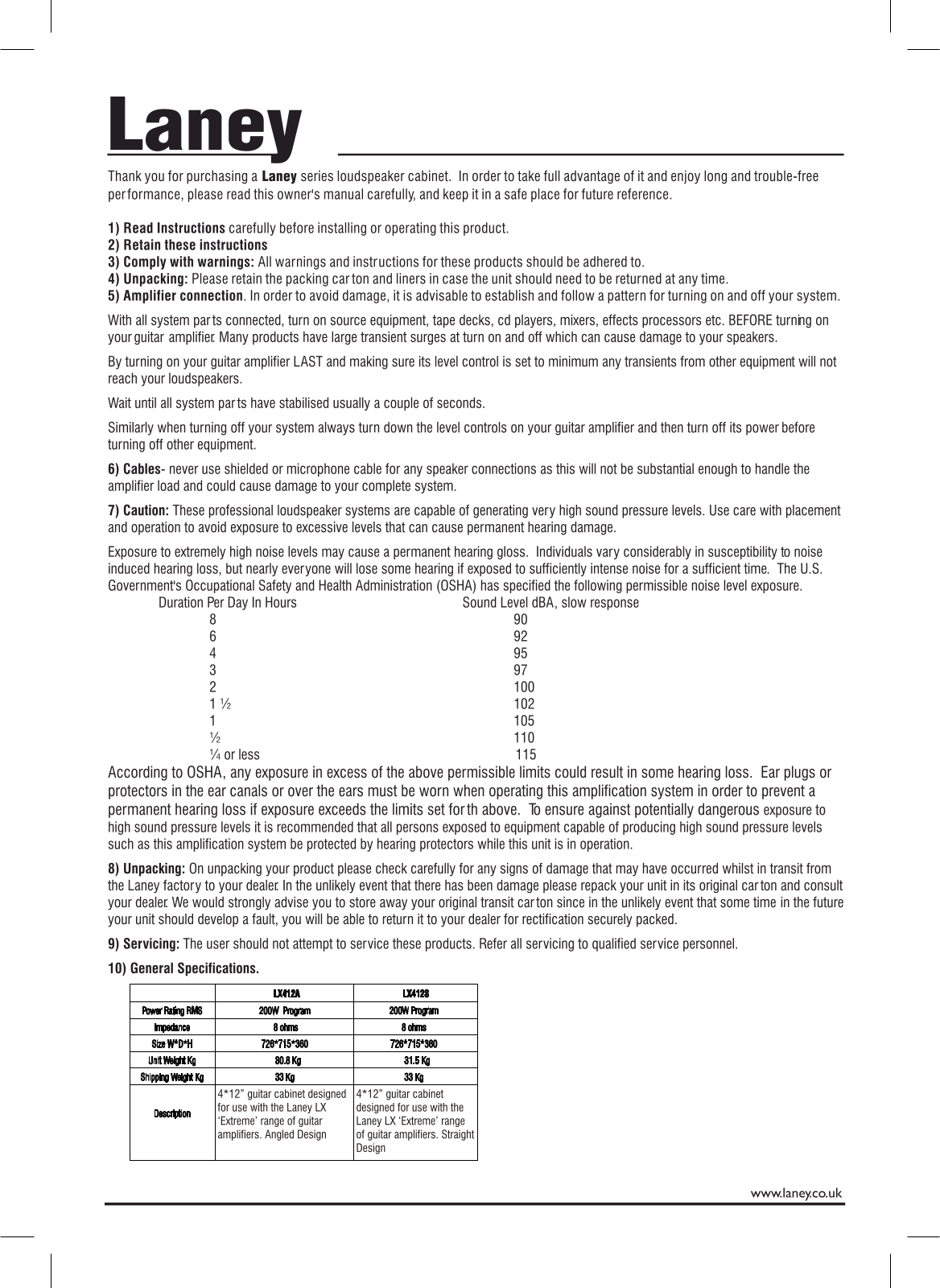 Laney LX412 User manual