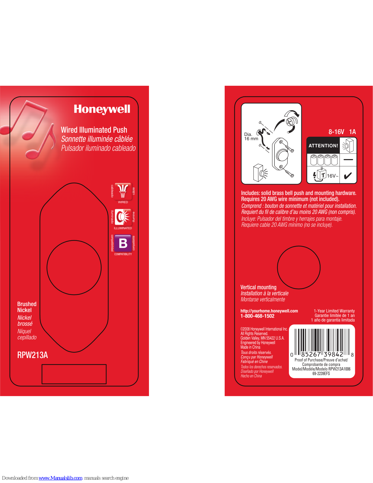 Honeywell RPW213A Mounting Instruction