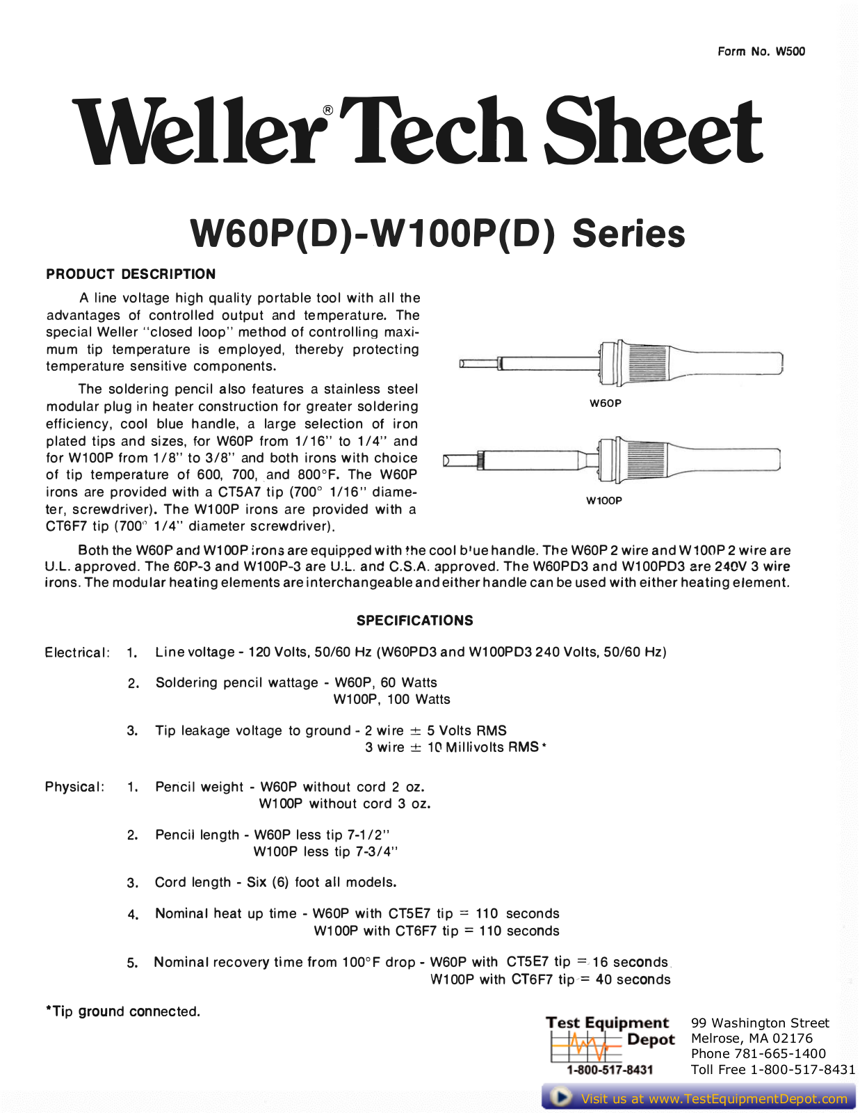 Weller W60P, W100P, W60P-3, W100P-3, W60PD3 Technical Sheet