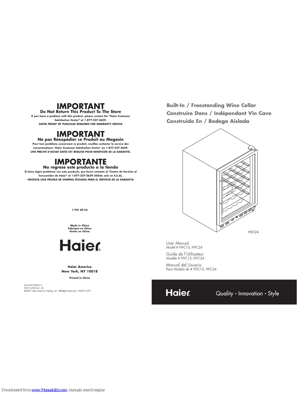 Haier HVC15BBH - 31 Bottle Wine Cellar, HVC24 User Manual