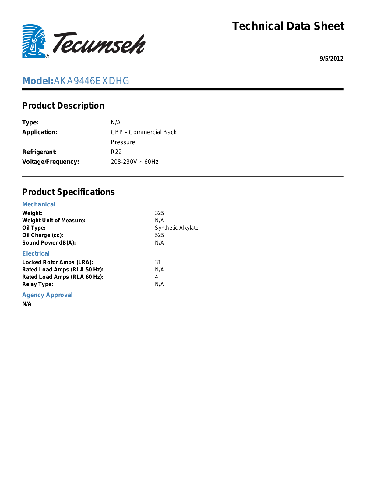 Tecumseh AKA9446EXDHG User Manual