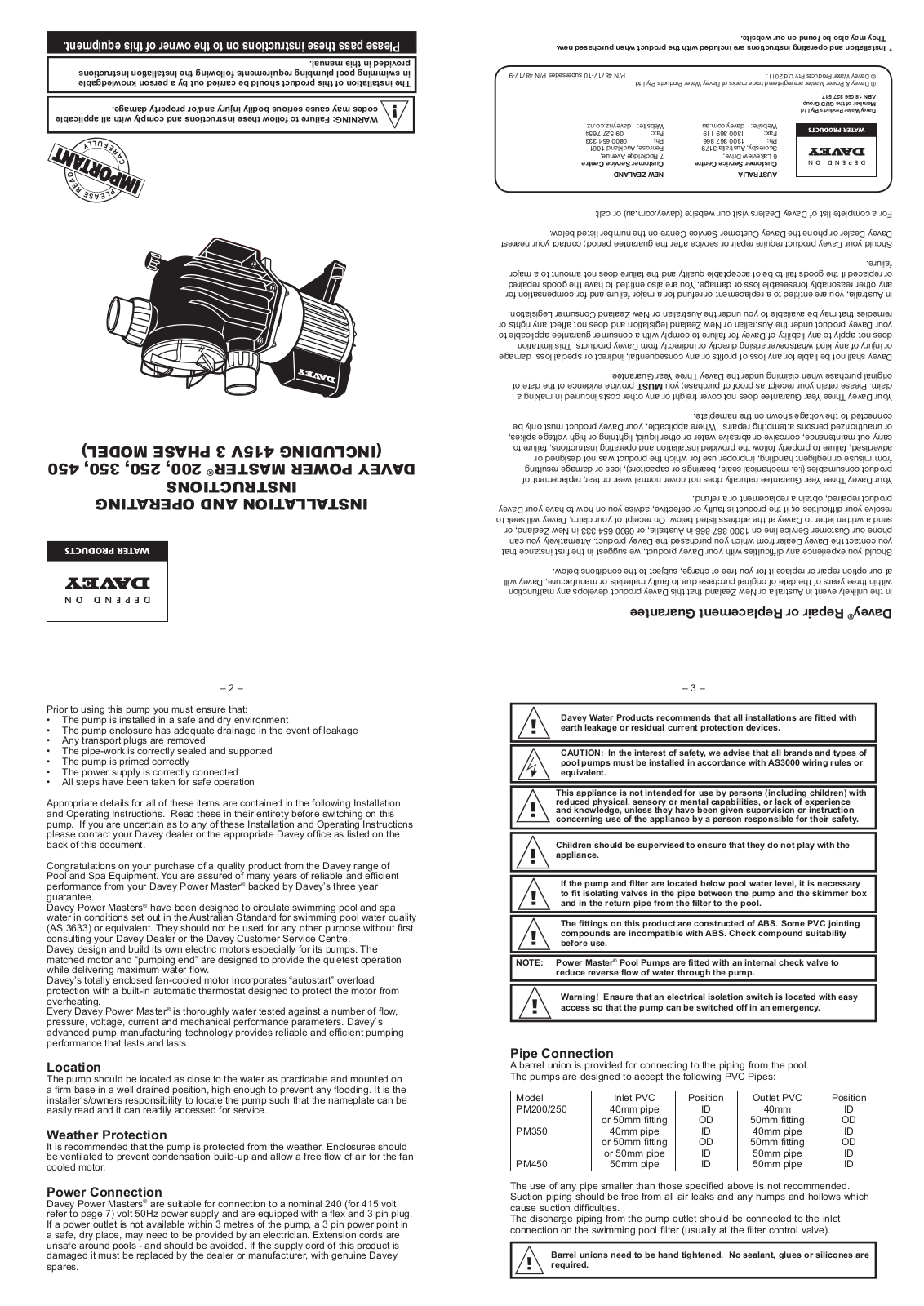 Davey PowerMaster 200, PowerMaster250, PowerMaster 350, PowerMaster 450 User Manual