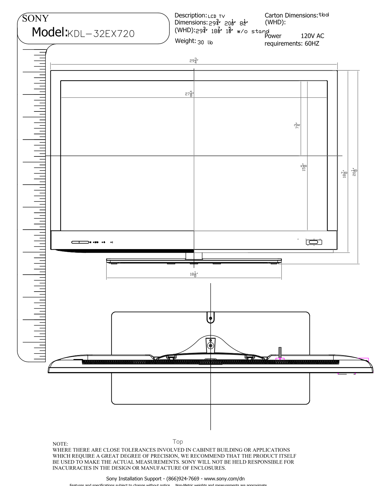 Sony KDL-32EX720 Dimensions Diagram