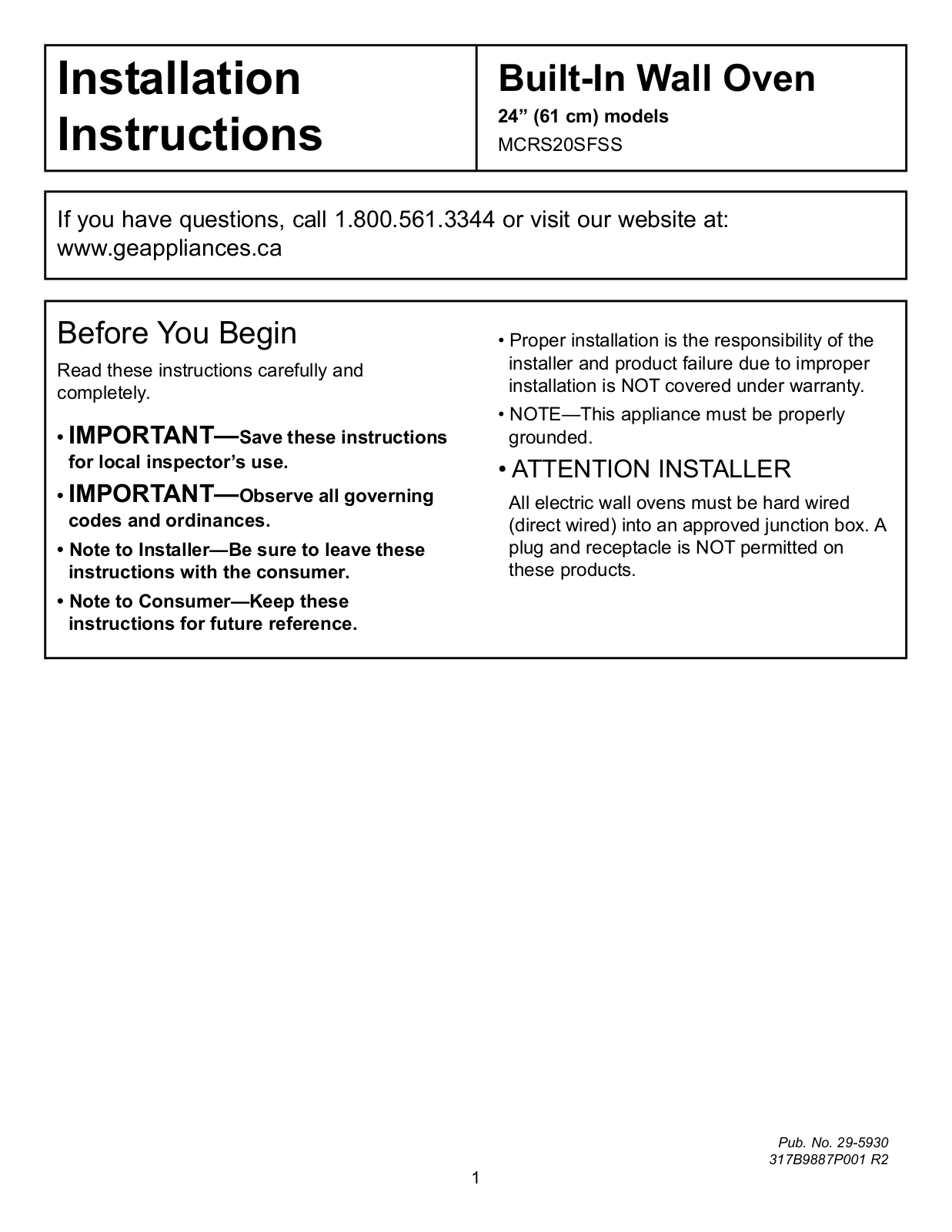 Moffat MCRS20SFSS Installation Instructions