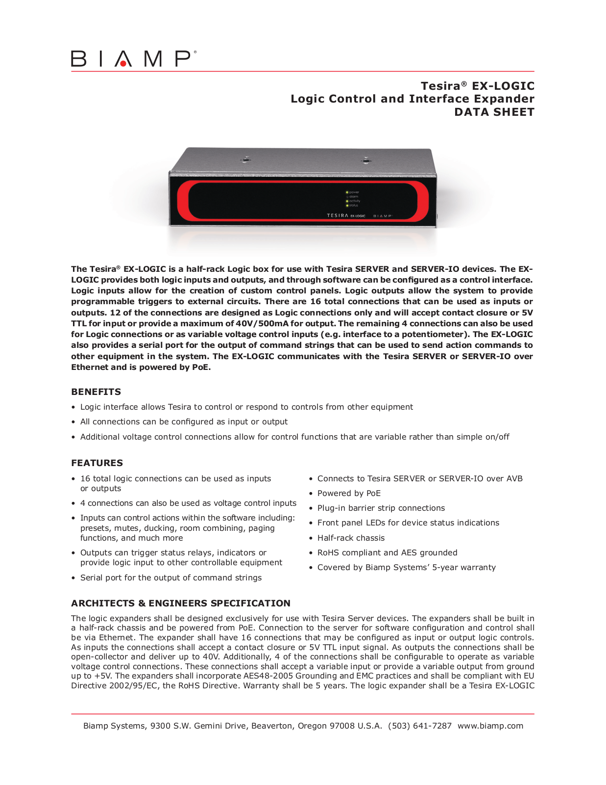 Biamp TESIRA EX-LOGIC DATASHEET