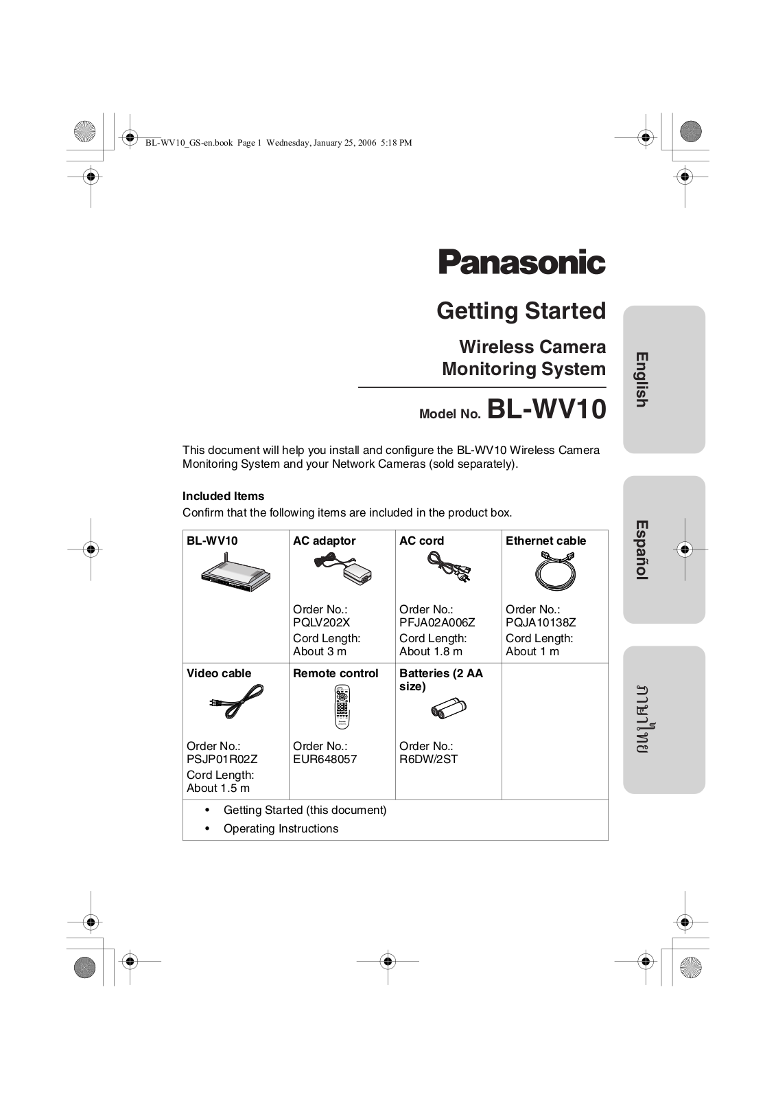 Panasonic BL-WV10 User Manual