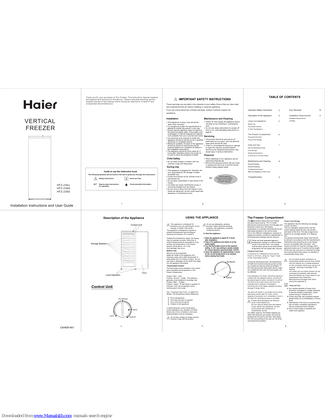 Haier HFZ-238 Series, HFZ-238S, HFZ-238G Installation Instructions And User Manual