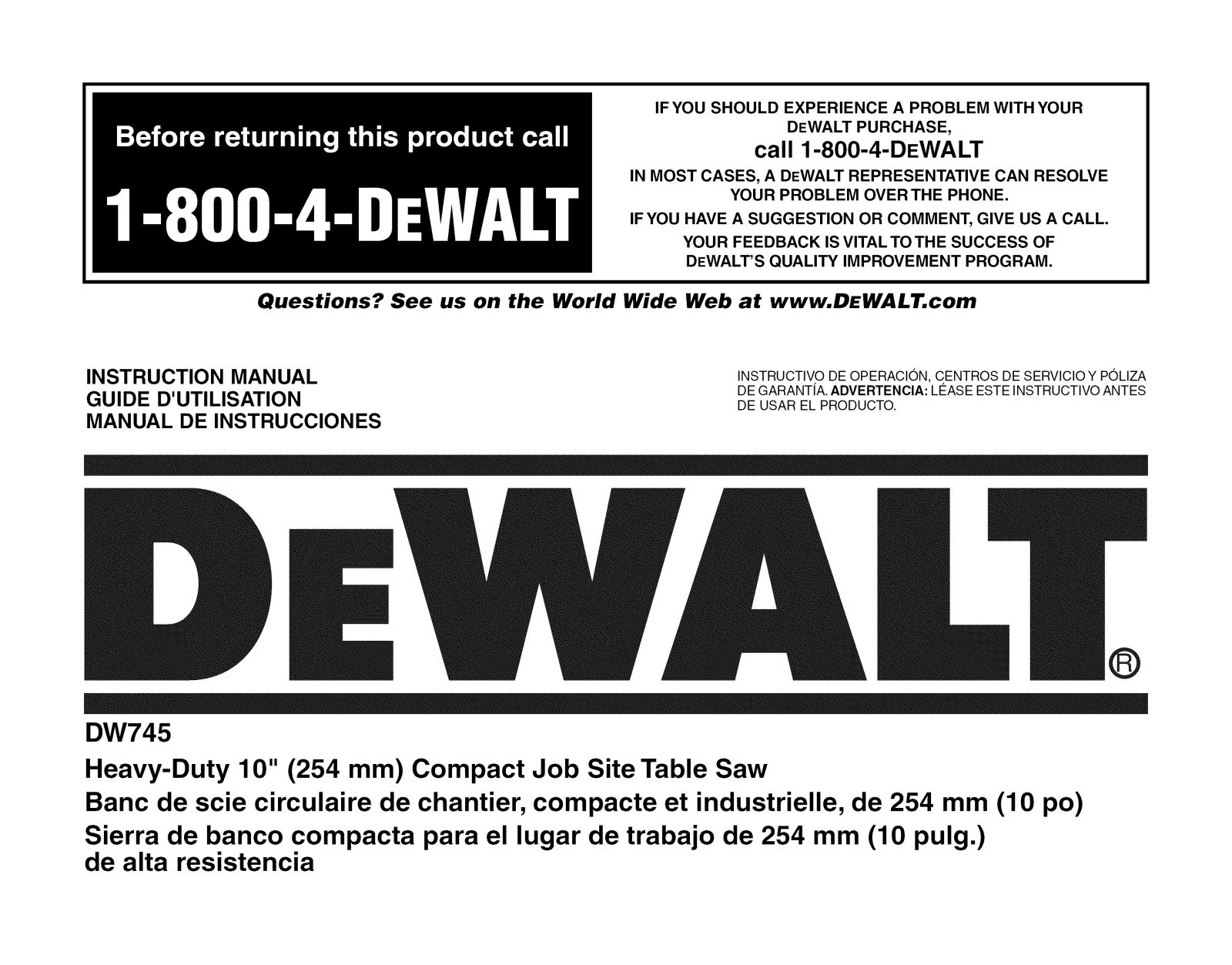 DeWalt DW745 TYPE 2, DW745 TYPE 3 Owner’s Manual