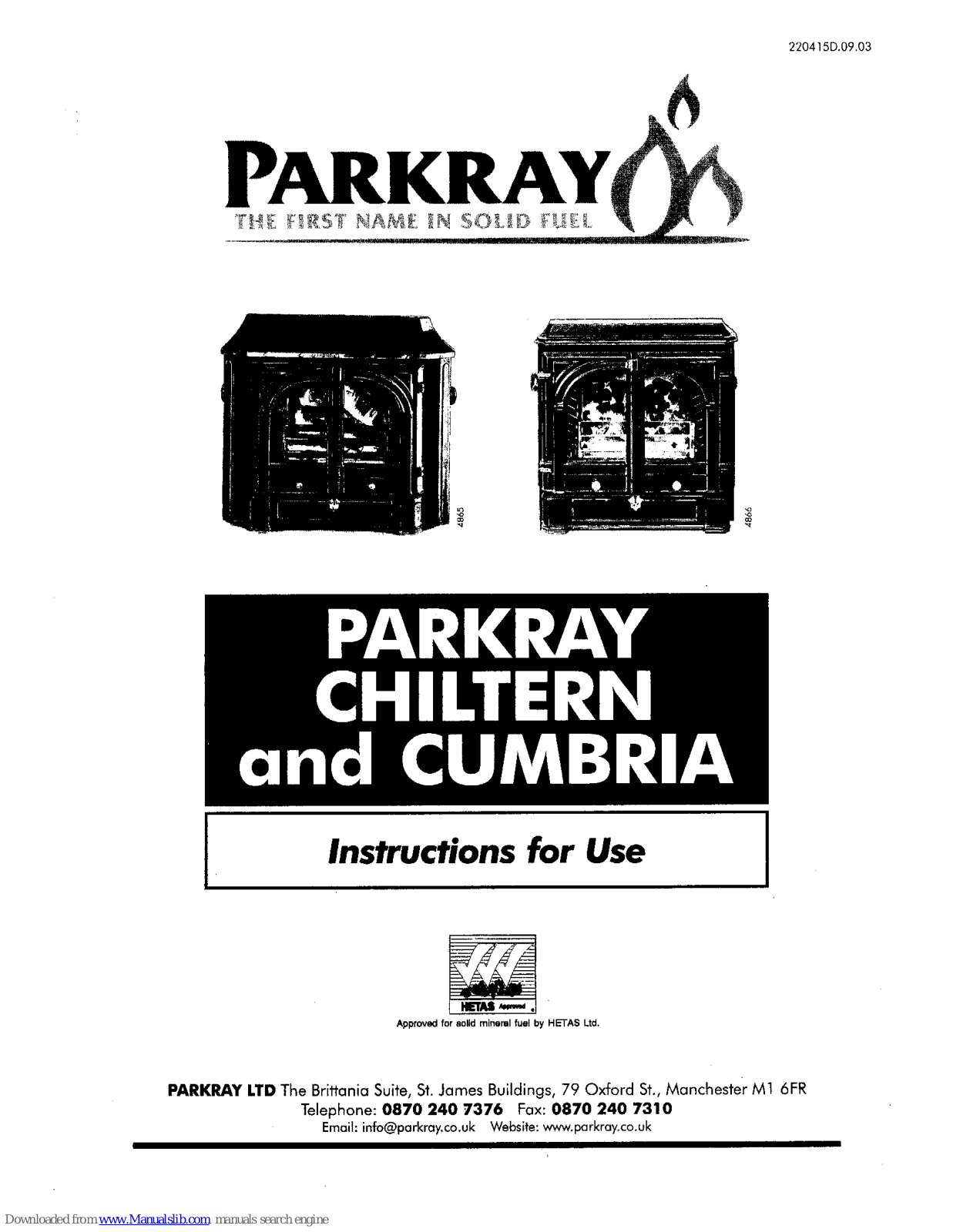 Parkray Chiltern, Cumbria Instruction Manual